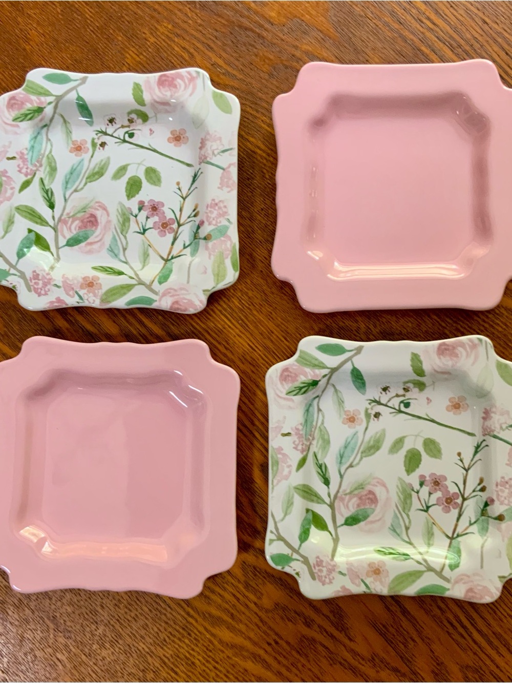 Sweet Laurel Set of 4 Pink & Floral Square Dessert Plates